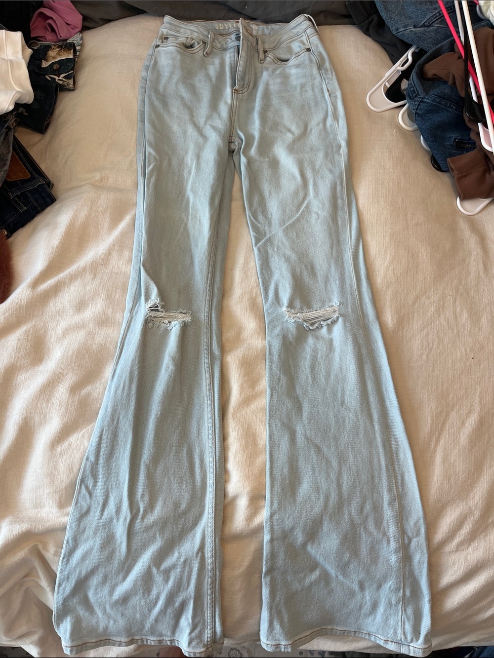 Idyllwind Light Blue High-Rise Flare Jeans with Knee Rips - Women